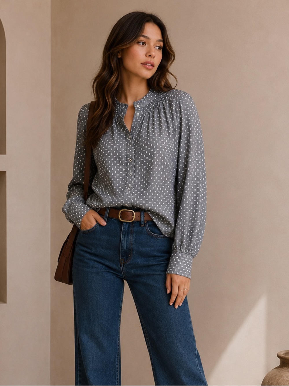 LOFT Womens Gray And White Dot Cotton Button Down Shirt Long Sleeve Size Small